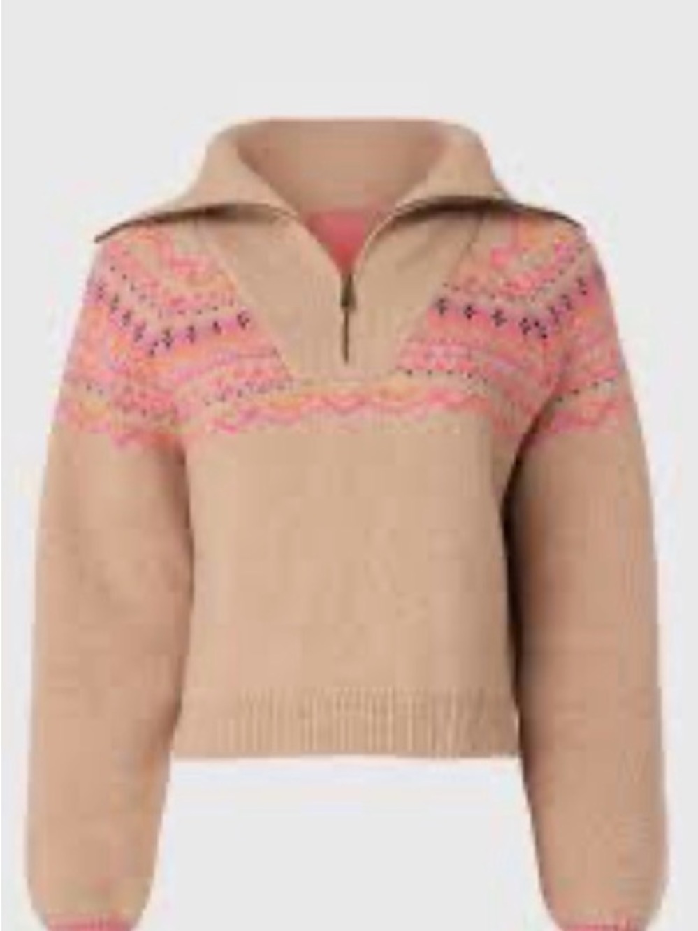 Beige Fair Isle Zip-Front Turtleneck Sweater